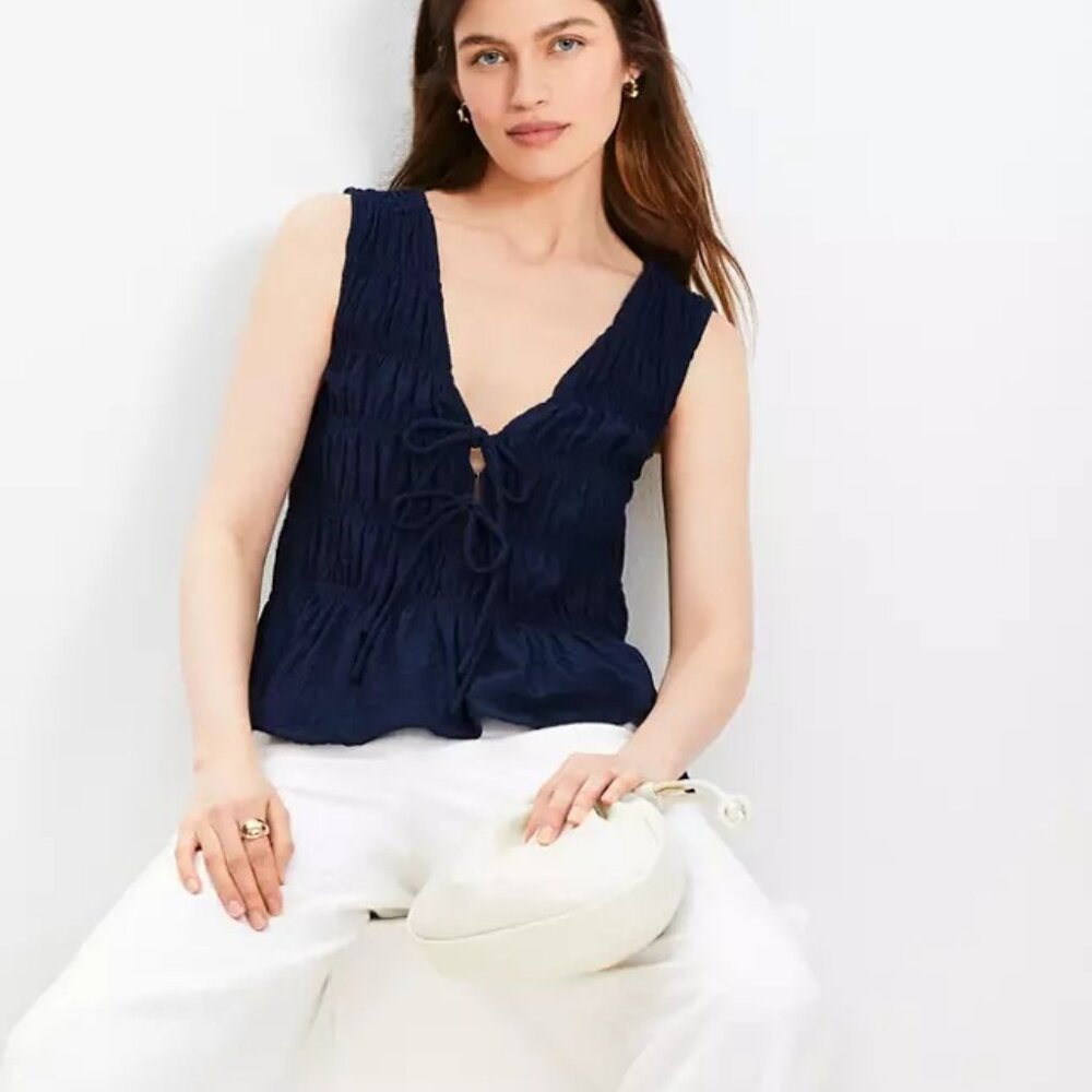 LOFT Double Tie Smocked Top in Spatial Blue